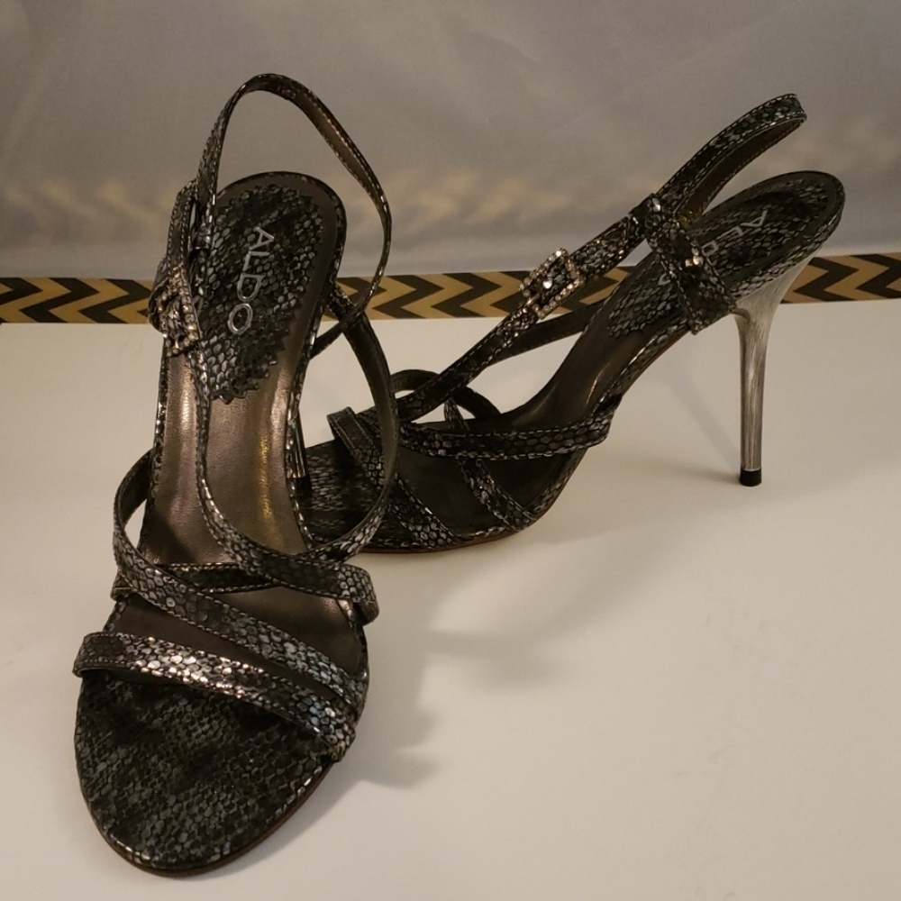 ALDO Sexy Stilettos Metallic Silver Snakeskin Strappy Heels 38 Fits 6.5 EUC - Picture 3 of 8